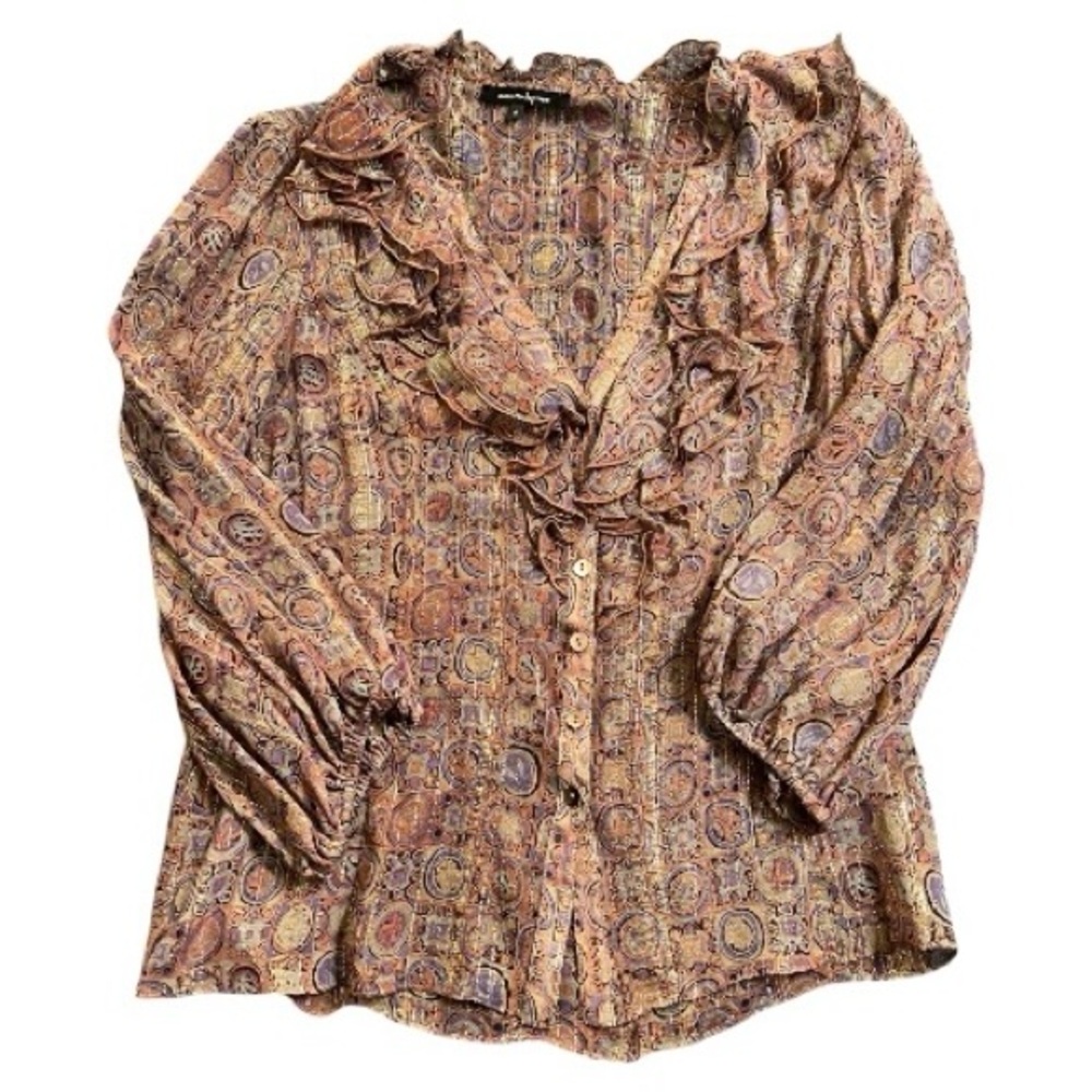 Nanette Lepore Silk Blend Ruffled Sheer Blouse Gold Metallic Thread Accents SZ 4